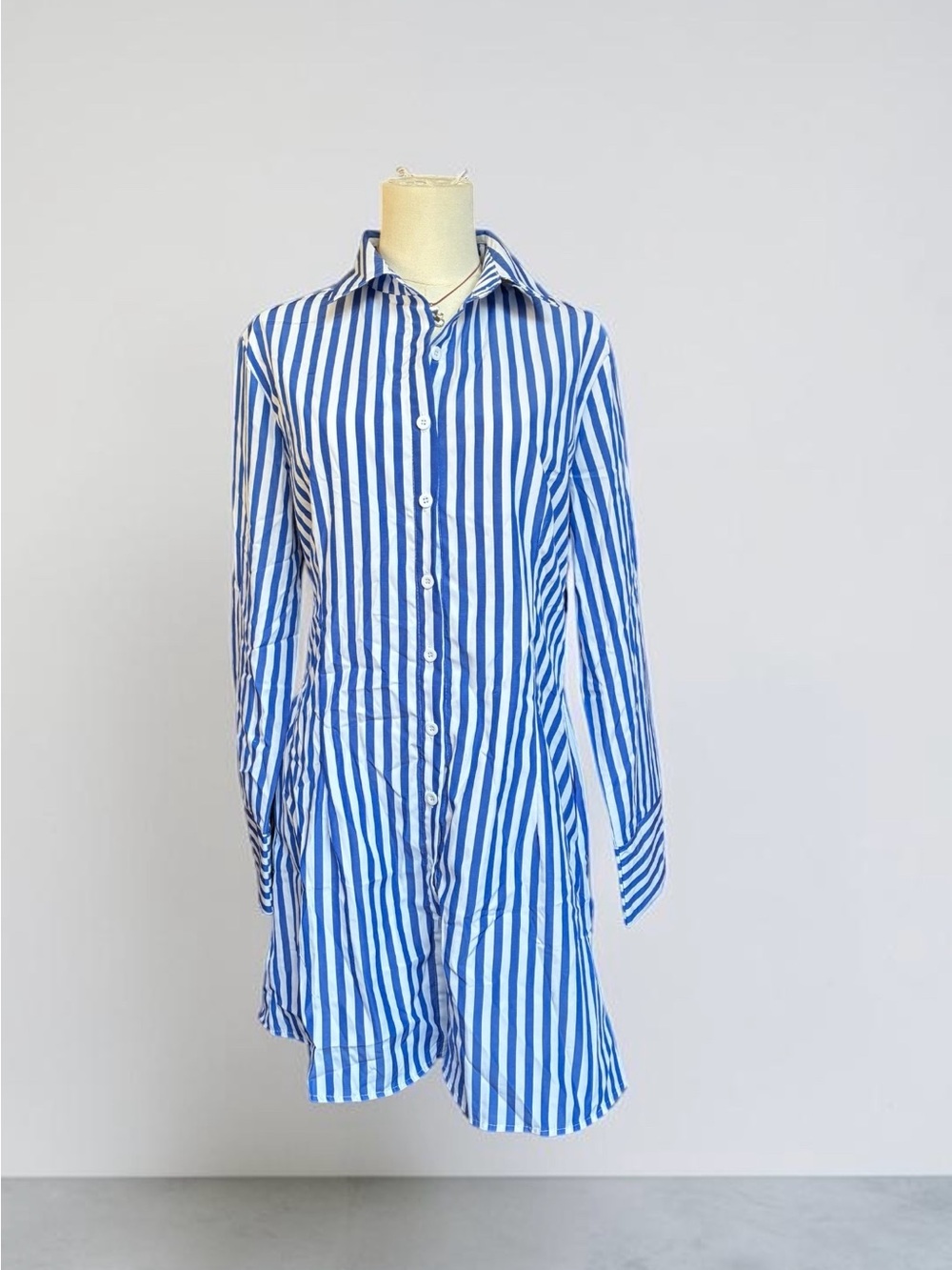 Blue and White Vertical Stripe Button-Up Shirt Dress